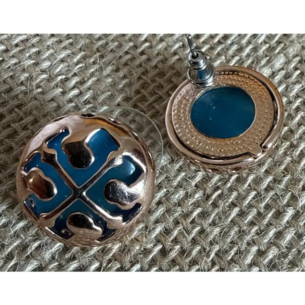 Tory Burch Miller Stud Earrings – Rose Gold & Blue Enamel Logo Corporate